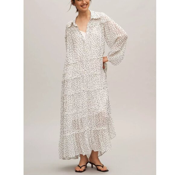 Anthropologie Dresses & Skirts - By Anthropologie Long-Sleeve Smocked Tiered Maxi Dress White Black Polka Dot M